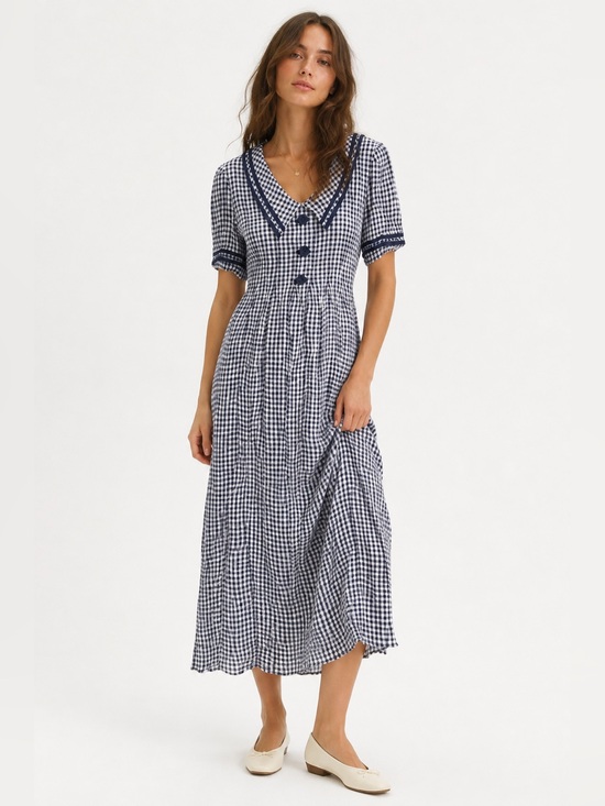American Vintage Dresses & Skirts - J.S. Edward Vintage 90s Navy Gingham Prairie Rosette Collar Midi Dress